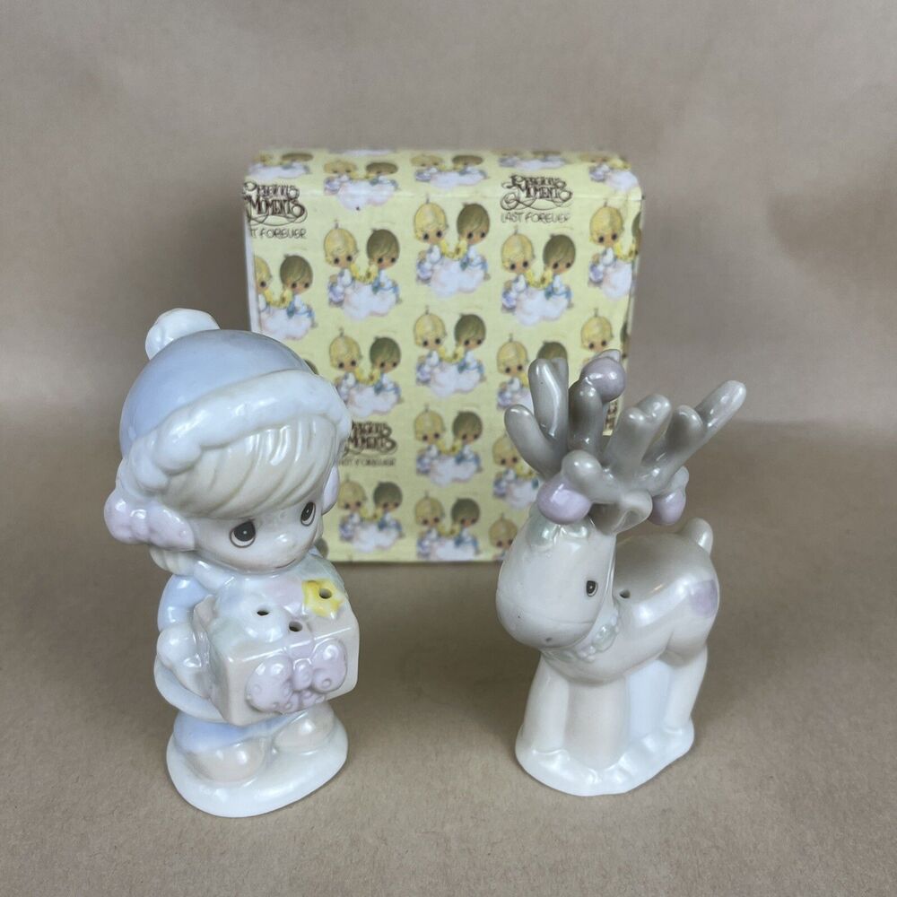 1994 PRECIOUS MOMENTS Girl w Ornaments Reindeer Salt & Pepper Shakers EUC In Box